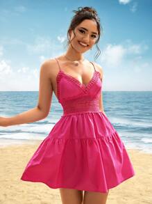 Soleia Guipure Lace Panel Lace Up Backless Ruffle Hem Cami Dress - Hot Pink - View 5