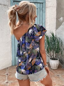 SHEIN VCAY 熱帶圖案單肩荷葉邊襯衫 - 紫色 - 查看 2