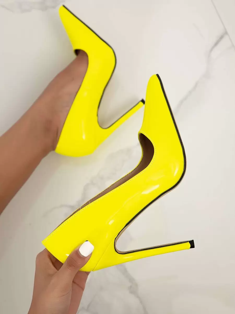Point Toe Stiletto Heeled Court Pumps, Yellow Sexy Solid Color High Heels,Party Outfits