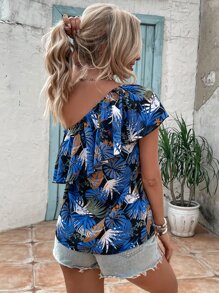 SHEIN VCAY Blusa con estampado tropical de un hombro ribete con fruncido - Multicolor - Ver 2