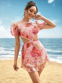 SHEIN VCAY Graphic Print Cut Out Tie Back Puff Sleeve Ruffle Hem Dress - Multicolor - View 2