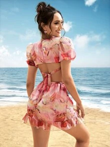 SHEIN VCAY Graphic Print Cut Out Tie Back Puff Sleeve Ruffle Hem Dress - Multicolor - View 3