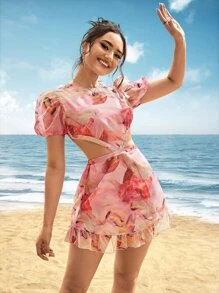 SHEIN VCAY Graphic Print Cut Out Tie Back Puff Sleeve Ruffle Hem Dress - Multicolor - View 4