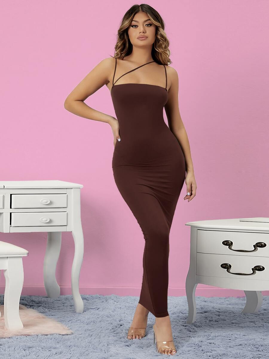 SHEIN SXY 雙肩帶吊帶連衣裙 - 巧克力棕 - 查看 1