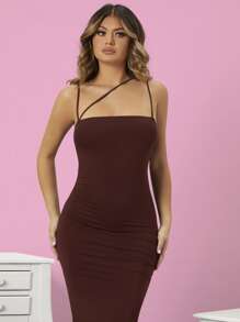 SHEIN SXY 雙肩帶吊帶連衣裙 - 巧克力棕 - 查看 3