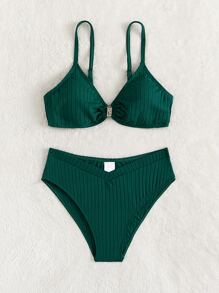 Swim Basics 青少年女孩 O 形环细节罗纹针织高腰比基尼套装夏季海滩