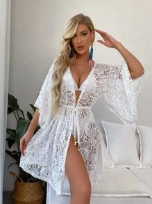 Floral Lace Batwing Sleeve Drawstring Waist Kimono - White - View 4