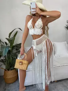 Swim Vcay 2pcs/Set Vacation Beach Sexy Backless Halter Top & Tassel Long Pants Cover Up - White - View 3