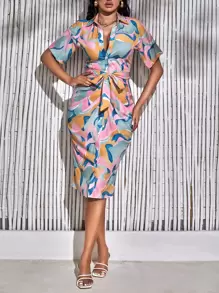 SHEIN SXY Allover Print Drop Shoulder Belted Shirt Dress - Multicolor - View 1