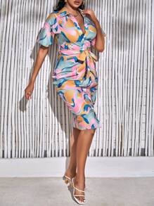 SHEIN SXY Allover Print Drop Shoulder Belted Shirt Dress - Multicolor - View 5