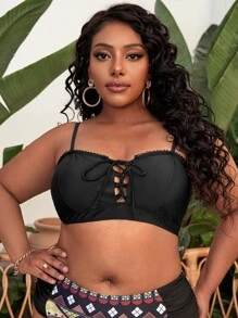 Top bikini con nudo de cordón trasero - Negro - Ver 1