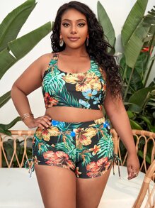 Conjunto de bikini con estampado tropical y pantalón corto sin espalda de talla grande para verano en la playa - Multicolor - Ver 1