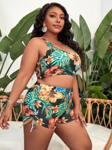 Conjunto de bikini con estampado tropical y pantalón corto sin espalda de talla grande para verano en la playa - Multicolor - Ver 3