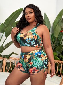 Conjunto de bikini con estampado tropical y pantalón corto sin espalda de talla grande para verano en la playa - Multicolor - Ver 4