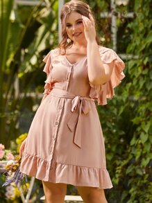 Vestido de manga mariposa bajo con fruncido con cinturón de malla - Rosa vieja - Ver 1