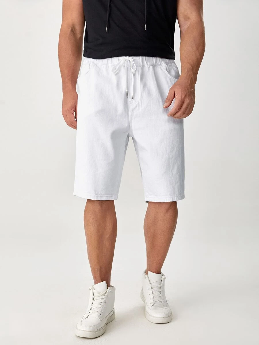 GENTILAND 男士腰部抽繩牛仔短褲 - 白色 - 查看 1