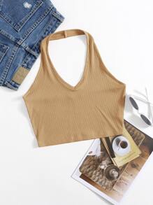 SHEIN Unity Rib-Knit Crop Halter Top - Apricot - View 1