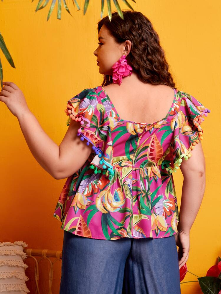 SHEIN Plus Tropical Print Pompom Trim Butterfly Sleeve Peplum Blouse - Multicolor - View 3