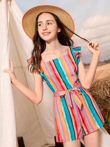 SHEIN Teen Girls Rainbow Striped Ruffle Trim Belted Jumpsuit - Multicolor - View 1