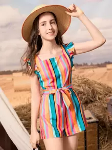 SHEIN Teen Girls Rainbow Striped Ruffle Trim Belted Jumpsuit - Multicolor - View 4