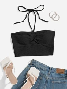 Soleia 抽繩前鏤空繞頸短上衣 - 黑色 - 查看 1