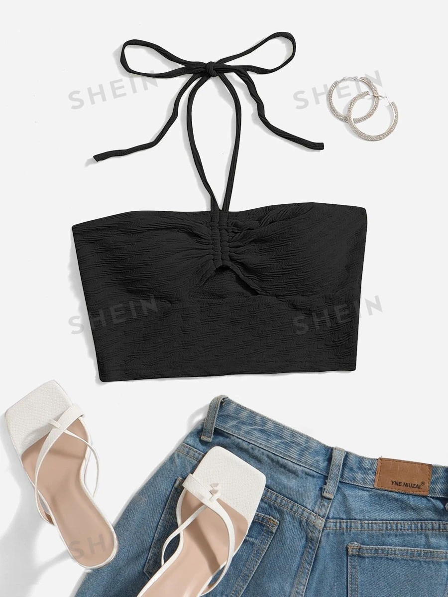 Soleia Top halter corto con cordón con abertura delantera - Negro - Ver 1