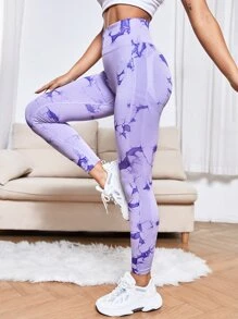 Yoga Trendy 無縫紮染寬腰帶運動打底褲 - 紫丁香色 - 查看 2