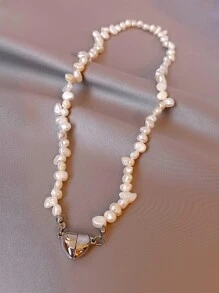 Faux Pearl Decor Heart Pendant Necklace - White - View 2