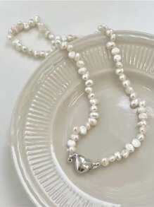 Faux Pearl Decor Heart Pendant Necklace - White - View 3