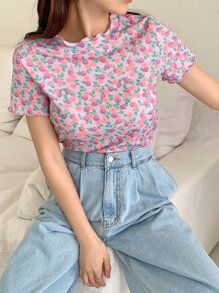 DAZY 花卉印花整體萵苣邊高領短袖t卹 - 彩色 - 查看 1