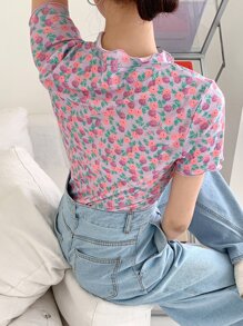 DAZY 花卉印花整體萵苣邊高領短袖t卹 - 彩色 - 查看 2