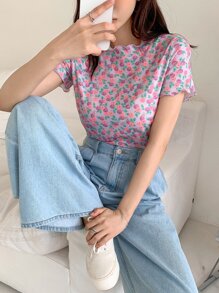 DAZY 花卉印花整體萵苣邊高領短袖t卹 - 彩色 - 查看 4