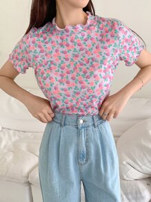 DAZY 花卉印花整體萵苣邊高領短袖t卹 - 彩色 - 查看 5