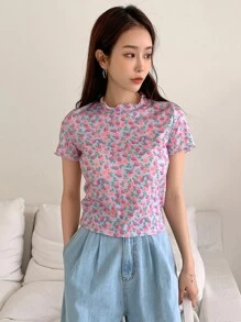 DAZY 花卉印花整體萵苣邊高領短袖t卹 - 彩色 - 查看 6