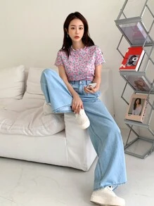 DAZY 花卉印花整體萵苣邊高領短袖t卹 - 彩色 - 查看 7