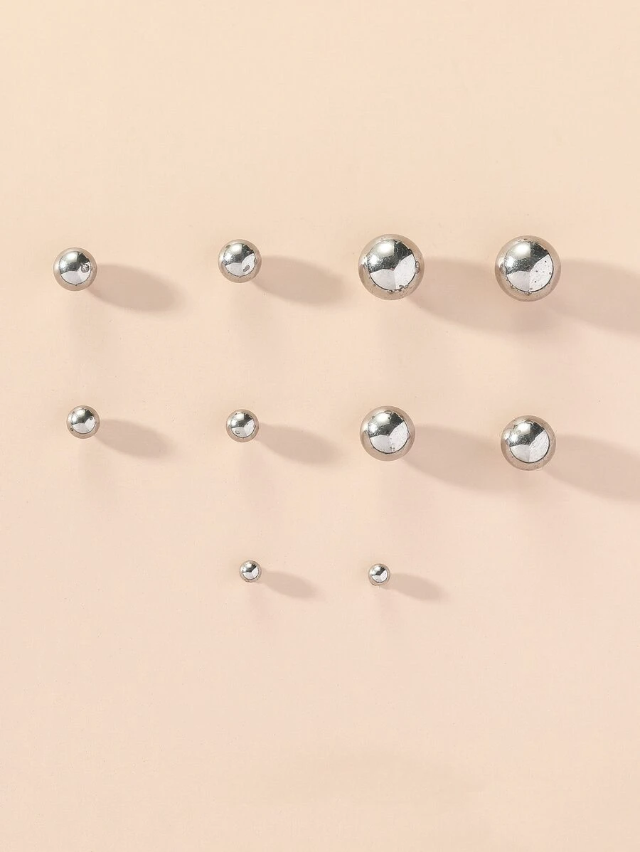 5 đôi bông tai trang trí quả cầu tròn, trang sức bằng thép không gỉ - Bạc - Xem 1