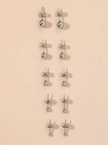 5 đôi bông tai trang trí quả cầu tròn, trang sức bằng thép không gỉ - Bạc - Xem 4