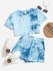 SHEIN Leap Crew Tween Girls' Summer Casual Tie-Dye Round Neck T-Shirt And Shorts Set - Blue - View 1