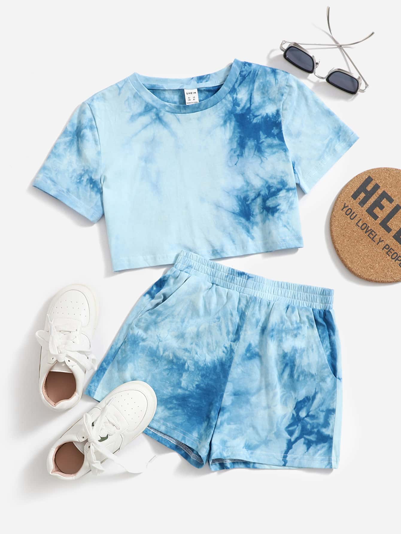 SHEIN Leap Crew Tween Girls' Summer Casual Tie-Dye Round Neck T-Shirt And Shorts Set - Blue - View 1