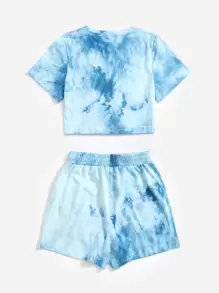 SHEIN Leap Crew Tween Girls' Summer Casual Tie-Dye Round Neck T-Shirt And Shorts Set - Blue - View 2
