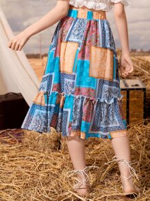 SHEIN Teen Girls Frill Trim Paisley Patchwork Ruffle Hem Skirt - Multicolor - View 2