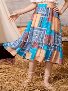 SHEIN Teen Girls Frill Trim Paisley Patchwork Ruffle Hem Skirt - Multicolor - View 3