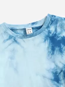 SHEIN Leap Crew Tween Girls' Summer Casual Tie-Dye Round Neck T-Shirt And Shorts Set - Blue - View 4