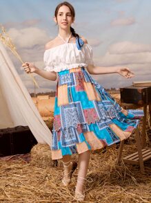 SHEIN Teen Girls Frill Trim Paisley Patchwork Ruffle Hem Skirt - Multicolor - View 5