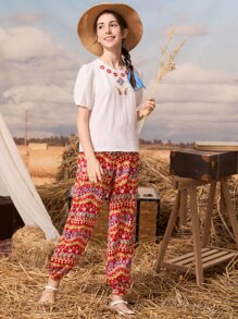 SHEIN 波西米亞鈕扣 刺繡花卉印花 佩斯利花紋女童兩件套 - 彩色 - 查看 1