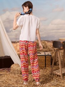 SHEIN 波西米亞鈕扣 刺繡花卉印花 佩斯利花紋女童兩件套 - 彩色 - 查看 2