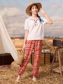 SHEIN 波西米亞鈕扣 刺繡花卉印花 佩斯利花紋女童兩件套 - 彩色 - 查看 3