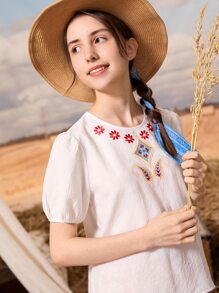 SHEIN 波西米亞鈕扣 刺繡花卉印花 佩斯利花紋女童兩件套 - 彩色 - 查看 4