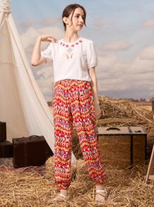 SHEIN 波西米亞鈕扣 刺繡花卉印花 佩斯利花紋女童兩件套 - 彩色 - 查看 5
