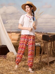SHEIN 波西米亞鈕扣 刺繡花卉印花 佩斯利花紋女童兩件套 - 彩色 - 查看 6